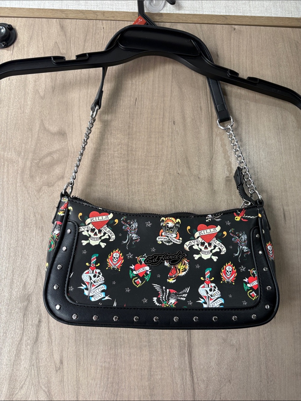 Ed Hardy Black Tattoo-Print Shoulder Bag with Silver Chain